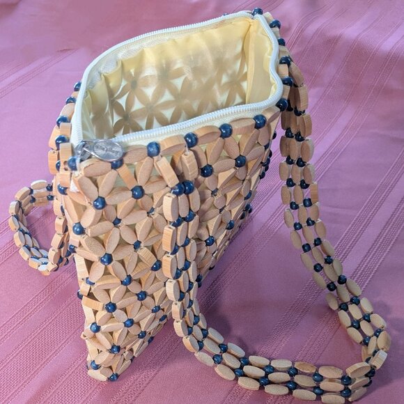 Artist Liang Quan Wooden Bead Flower Design Lined Zippered Purse - Picture 2 of 15